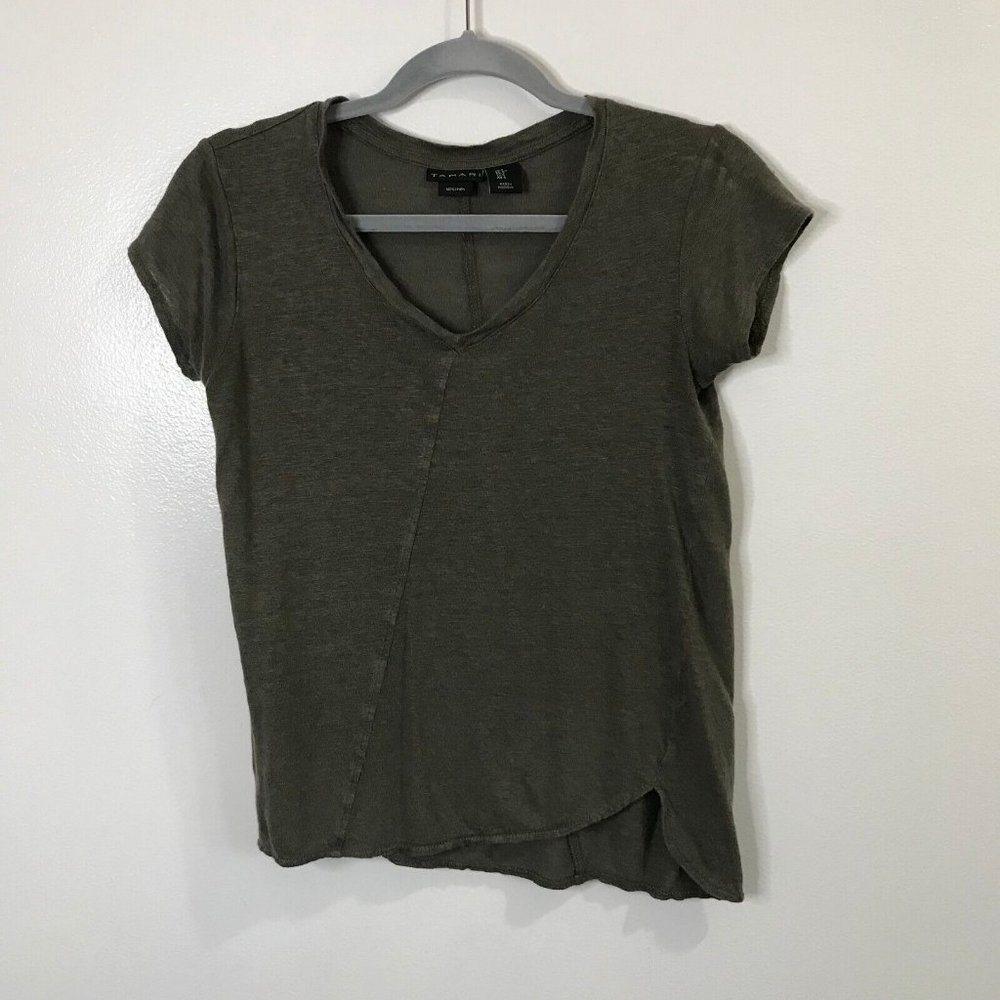 Tahari T-shirt 100% Linen Small Olive Green Asymmetrical V-Neck Knit Blouse